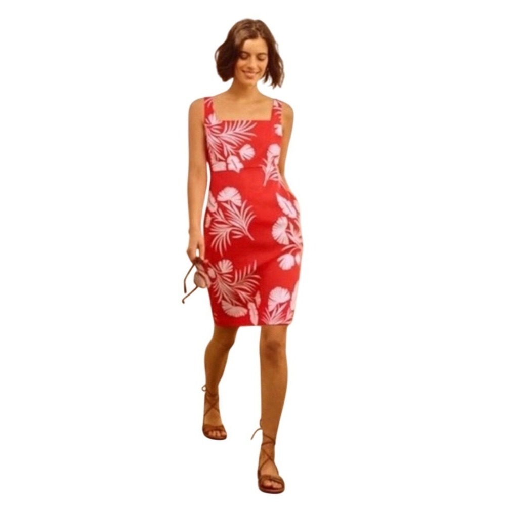 BODEN Yolanda Shift Dress, Red White Tropical Palm Leaf Square Neck Size 8R